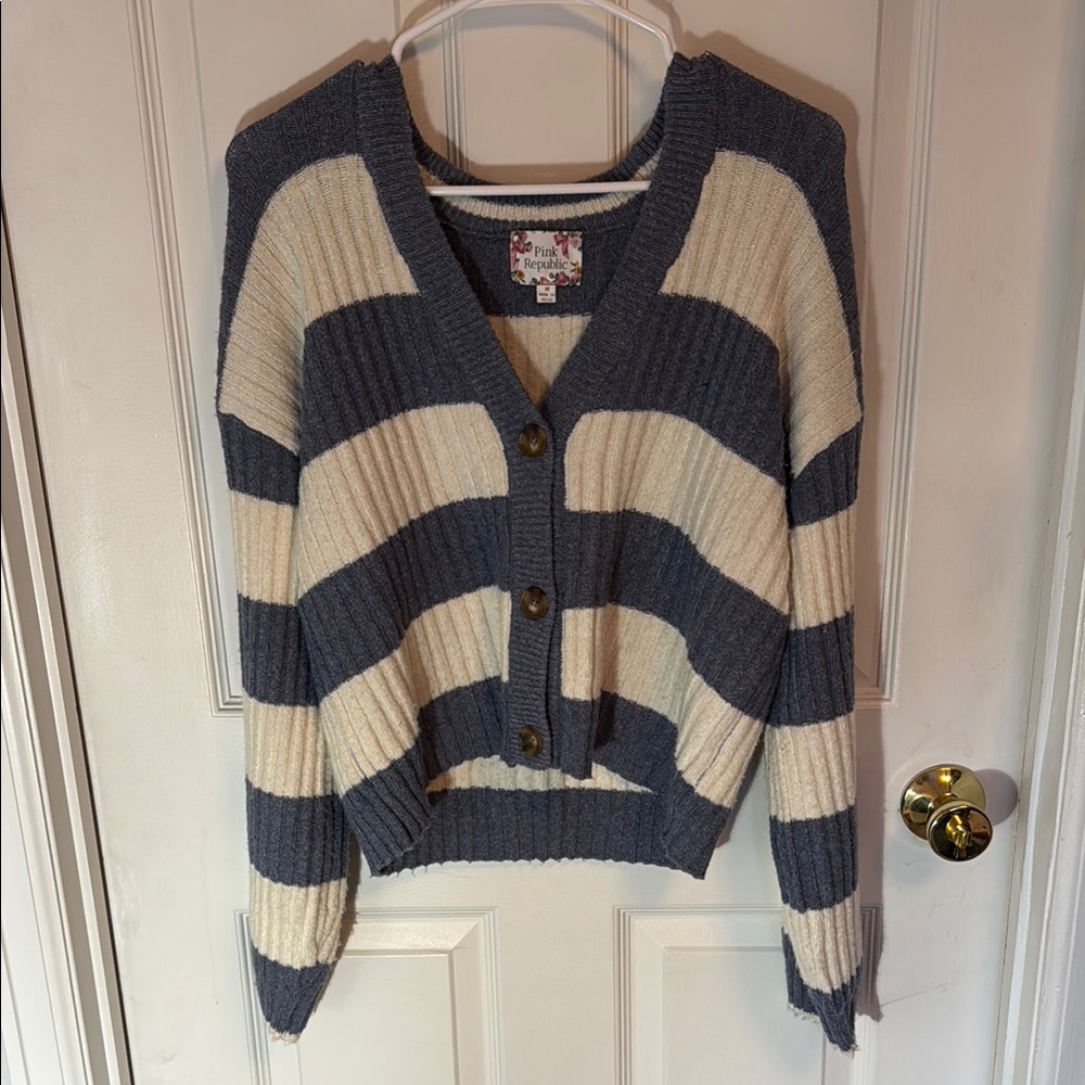 Blue and White Striped Women Sweater